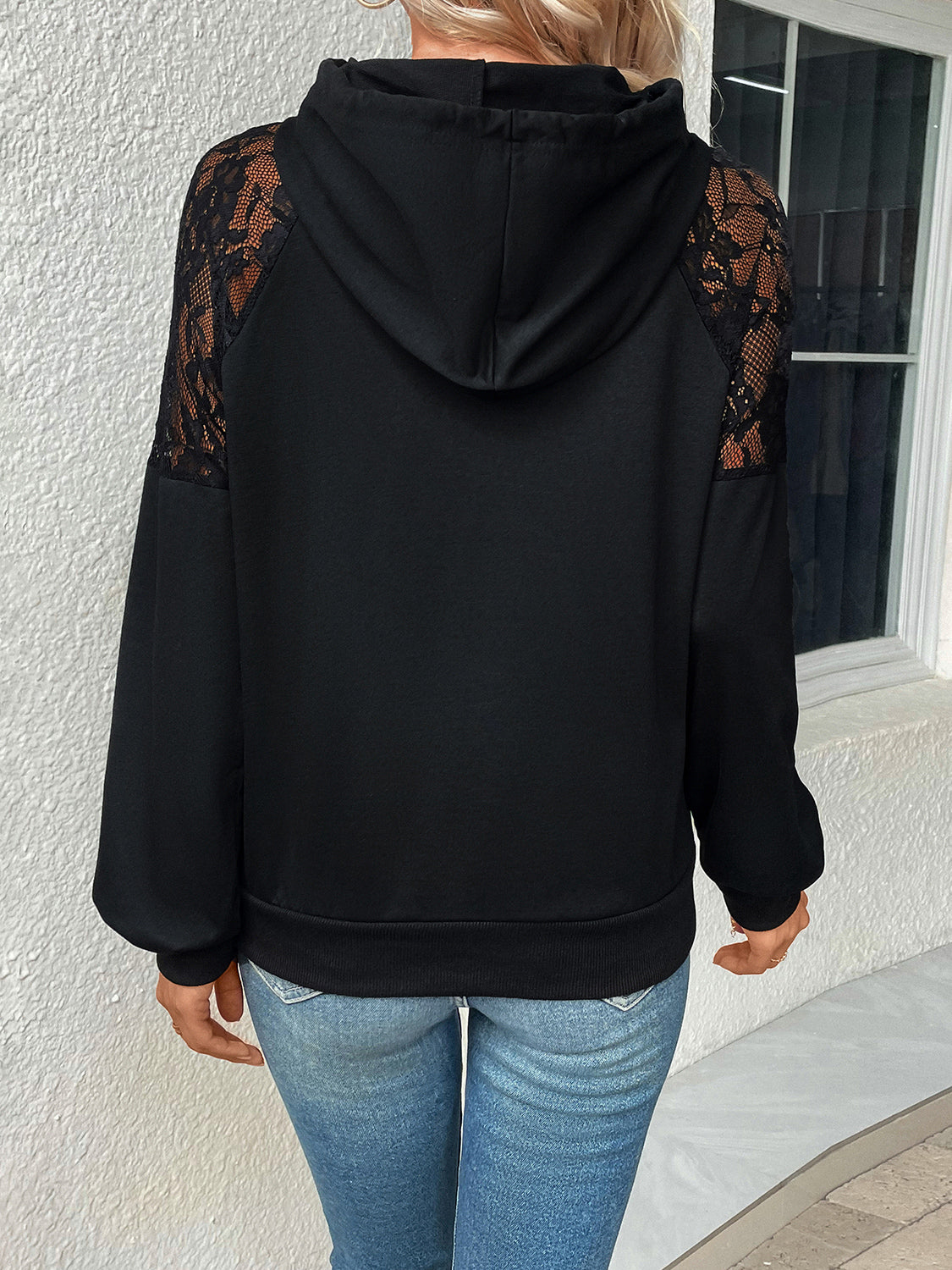 Perfee Lace Detail Drawstring Long Sleeve Hoodie - Shimmervee