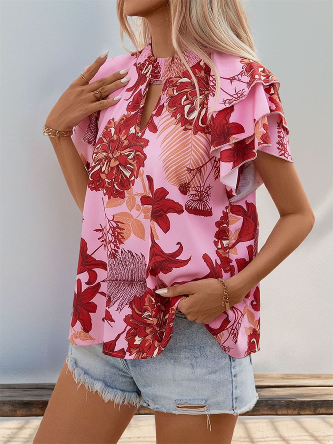 Perfee Ruffled Printed Round Neck Short Sleeve Blouse