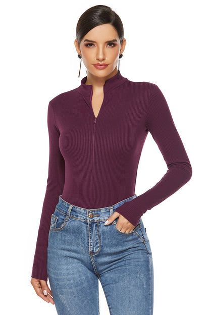 Full Size Ribbed Half Zip Long Sleeve Bodysuit - Shimmervee