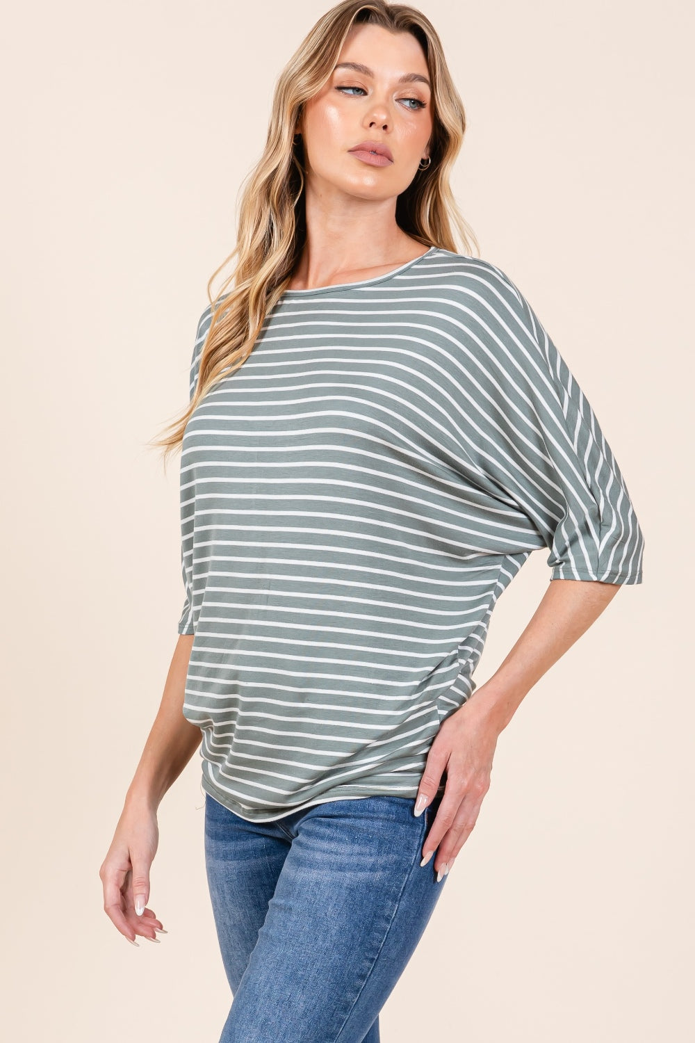 BOMBOM Striped Boat Neck Dolman Sleeve Top - Shimmervee