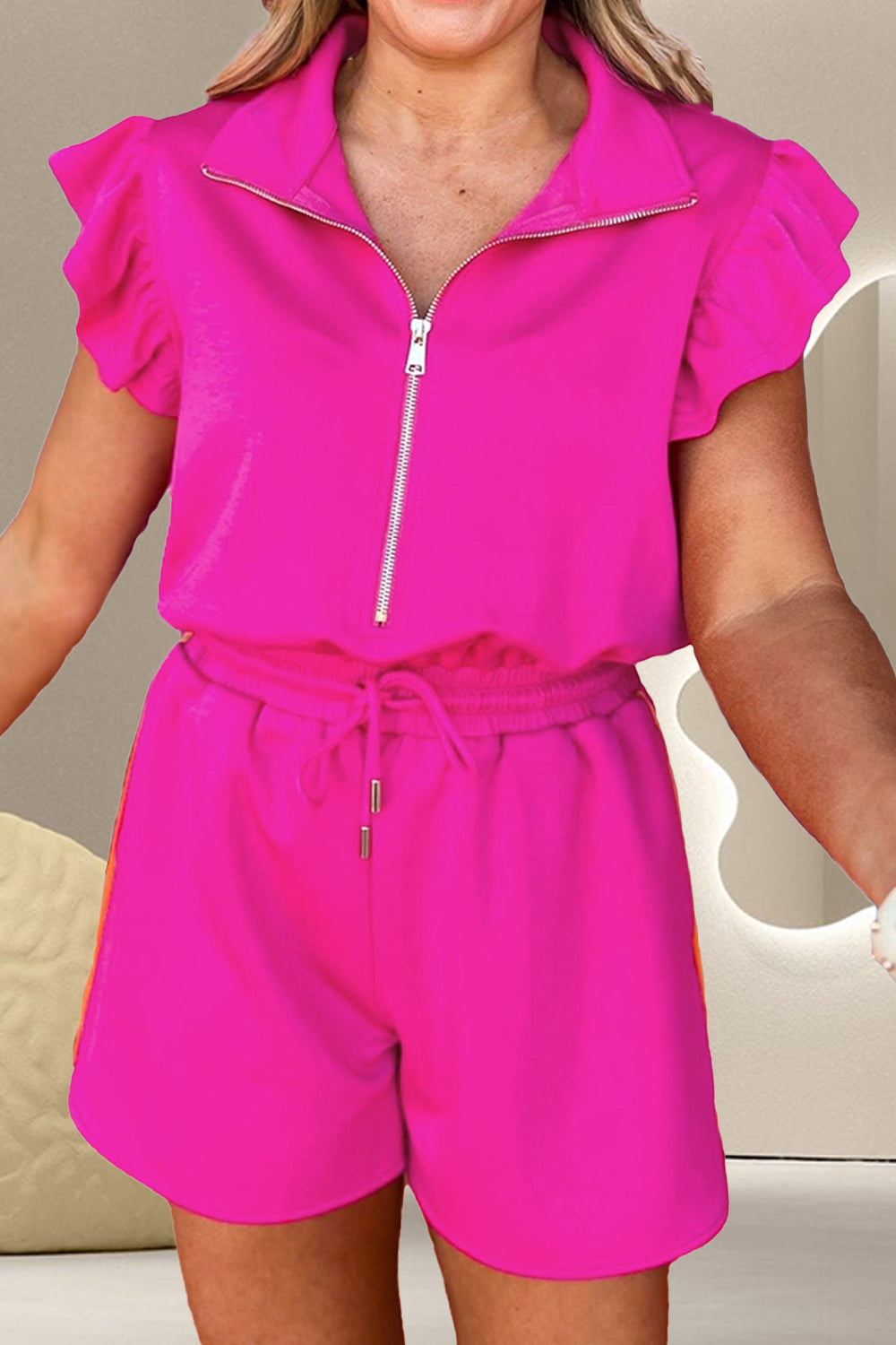 Ruffled Half Zip Cap Sleeve Romper - Shimmervee