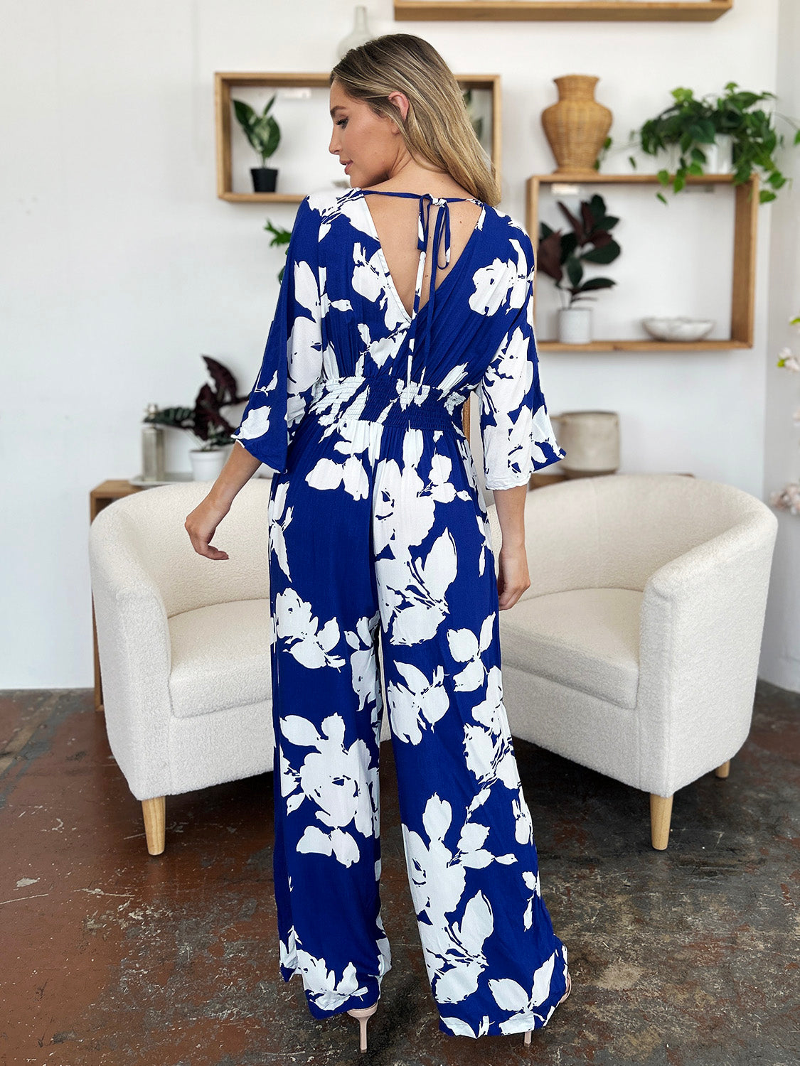 Double Take Full Size Printed Tie Back Wide Leg Jumpsuit - Shimmervee