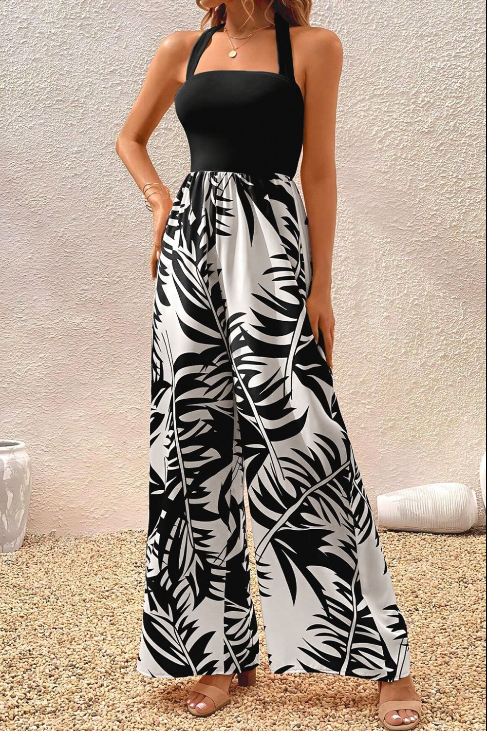 Printed Halter Wide Leg Jumpsuit - Shimmervee