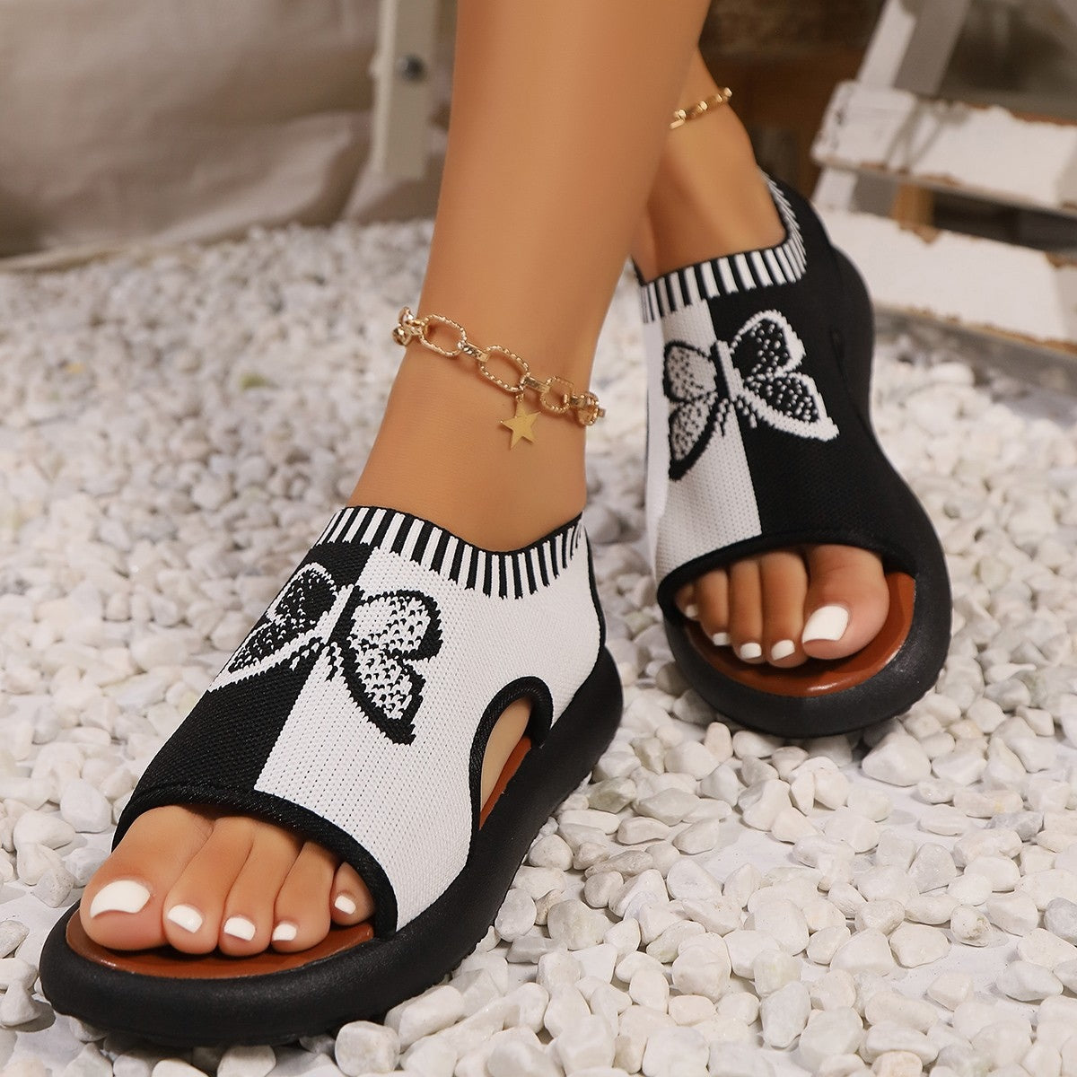 Butterfly Contrast Open Toe Sandals - Shimmervee