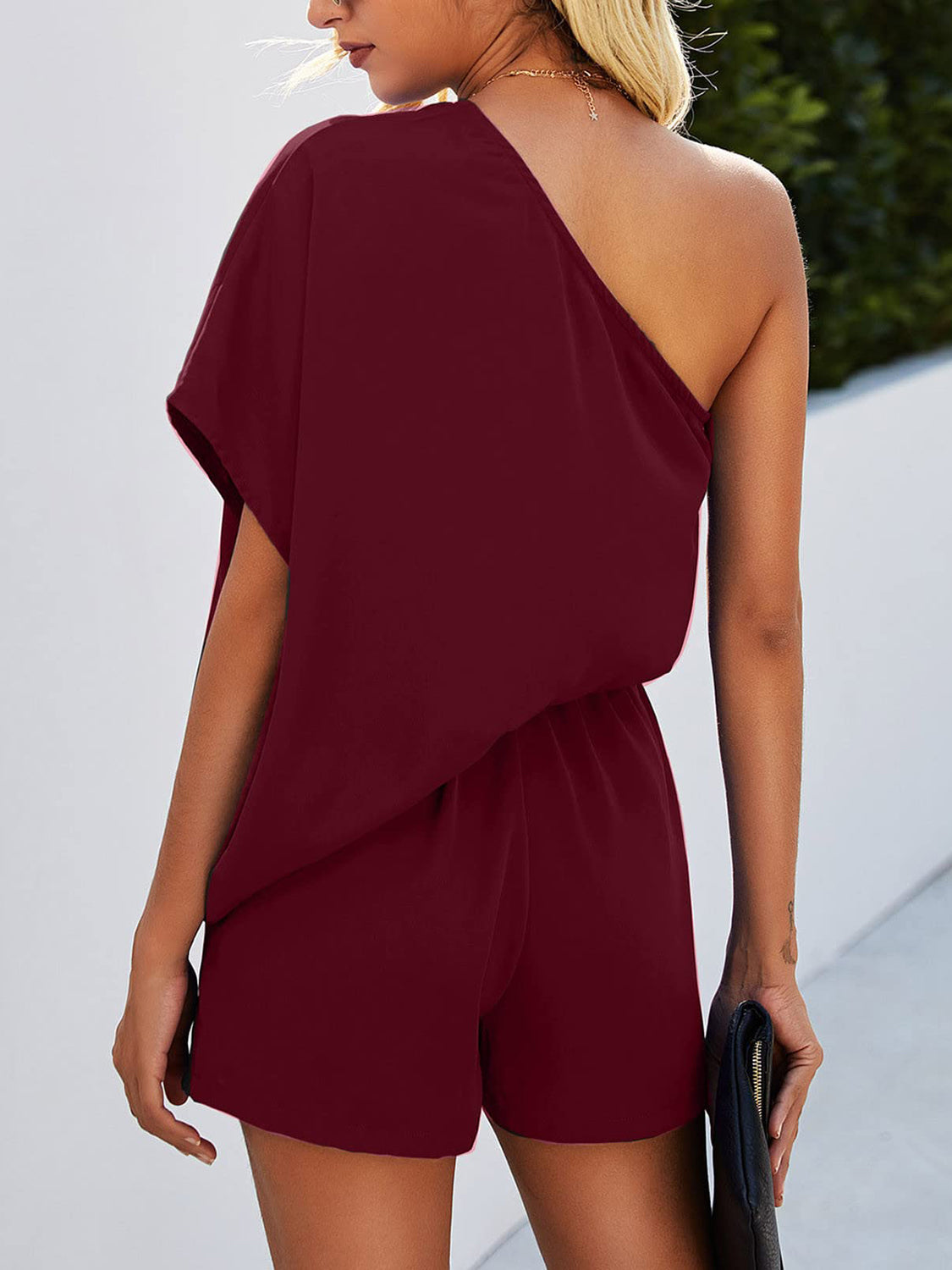 Single Shoulder Batwing Sleeve Romper - Shimmervee