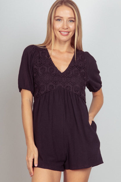 VERY J Lace Detail Puff Sleeve Romper with Pockets - Shimmervee