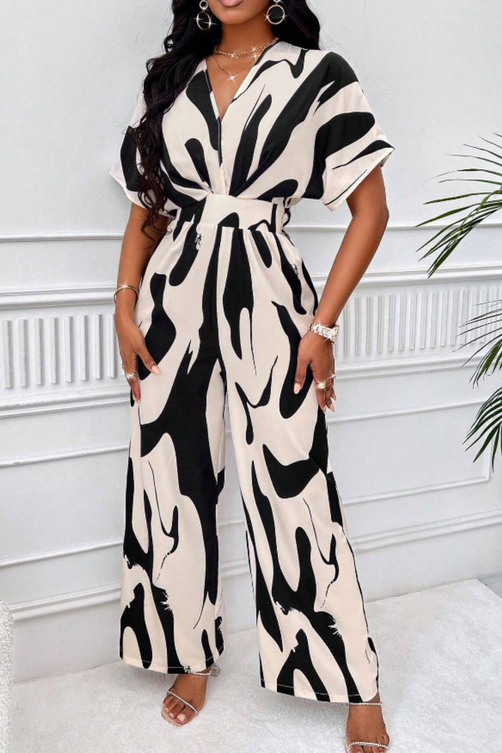 Printed V-Neck Short Sleeve Wide Leg Jumpsuit - Shimmervee