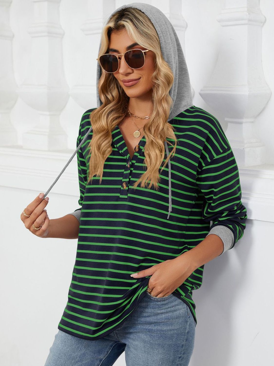 Drawstring Striped Long Sleeve Hoodie - Shimmervee