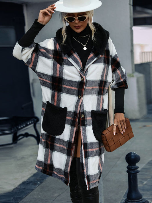 Plaid Button Down Hooded Jacket - Shimmervee