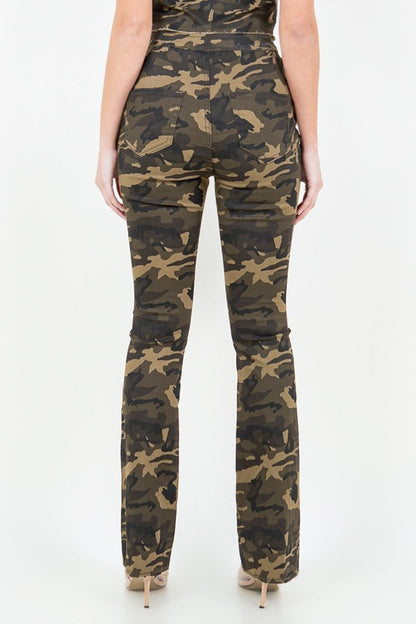 American Bazi V-Cut Ruched Camo Flare Pants