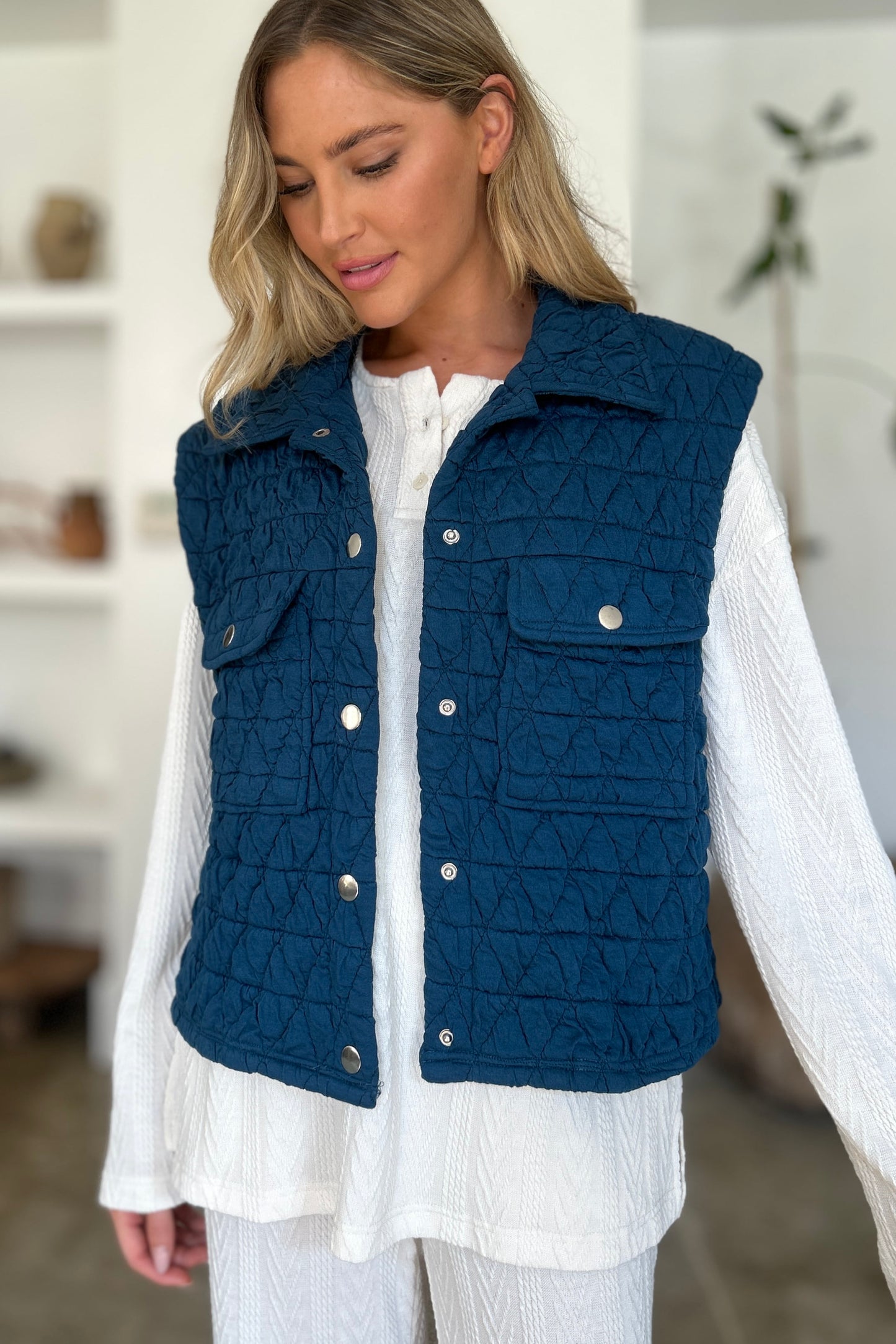 Double Take Full Size Pocketed Texture Snap Down Vest Coat - Shimmervee