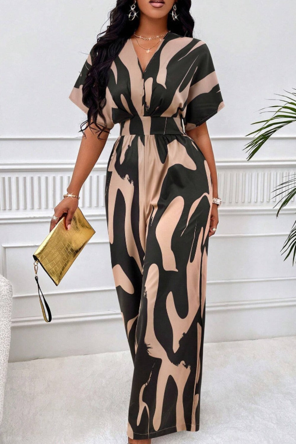 Printed V-Neck Short Sleeve Wide Leg Jumpsuit - Shimmervee