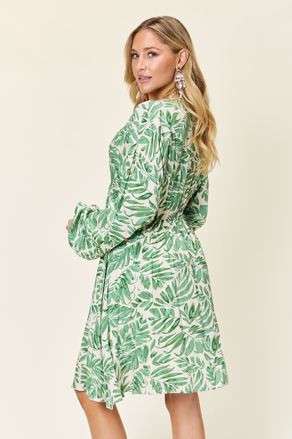 Double Take Full Size Printed Ruched Balloon Sleeve Dress - Shimmervee