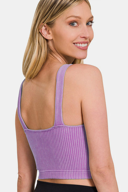 Zenana Washed Ribbed Cropped Bra Padded Tank