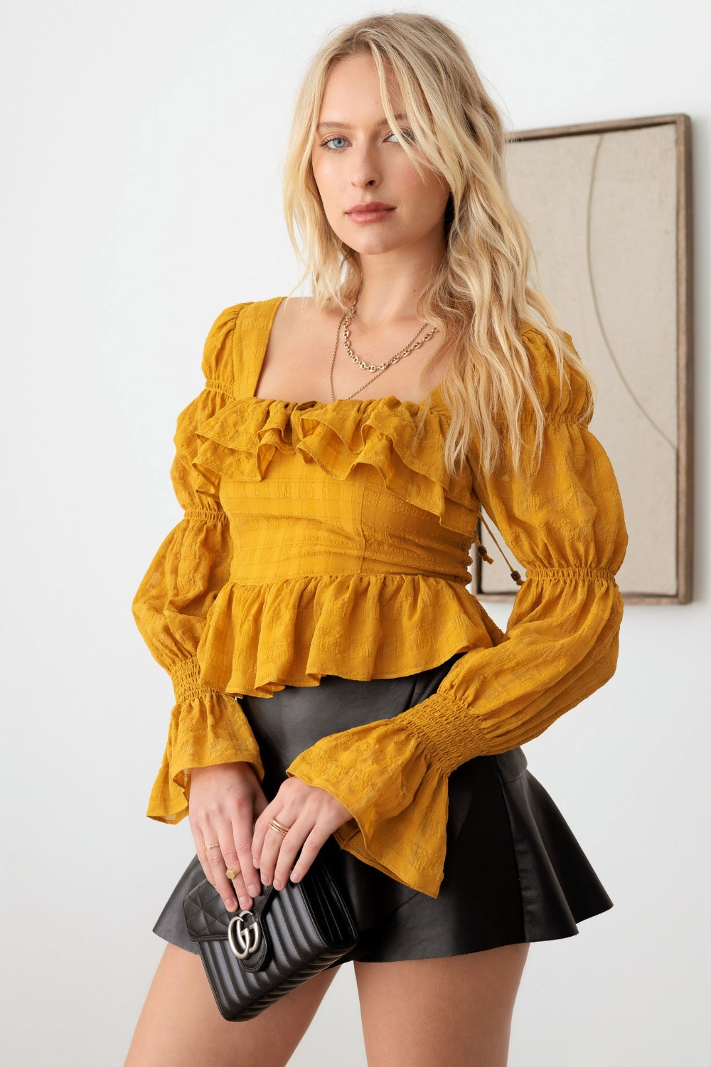 Mustard Seed Boho Shirred Smocked Peplum Long Sleeve Top - Shimmervee