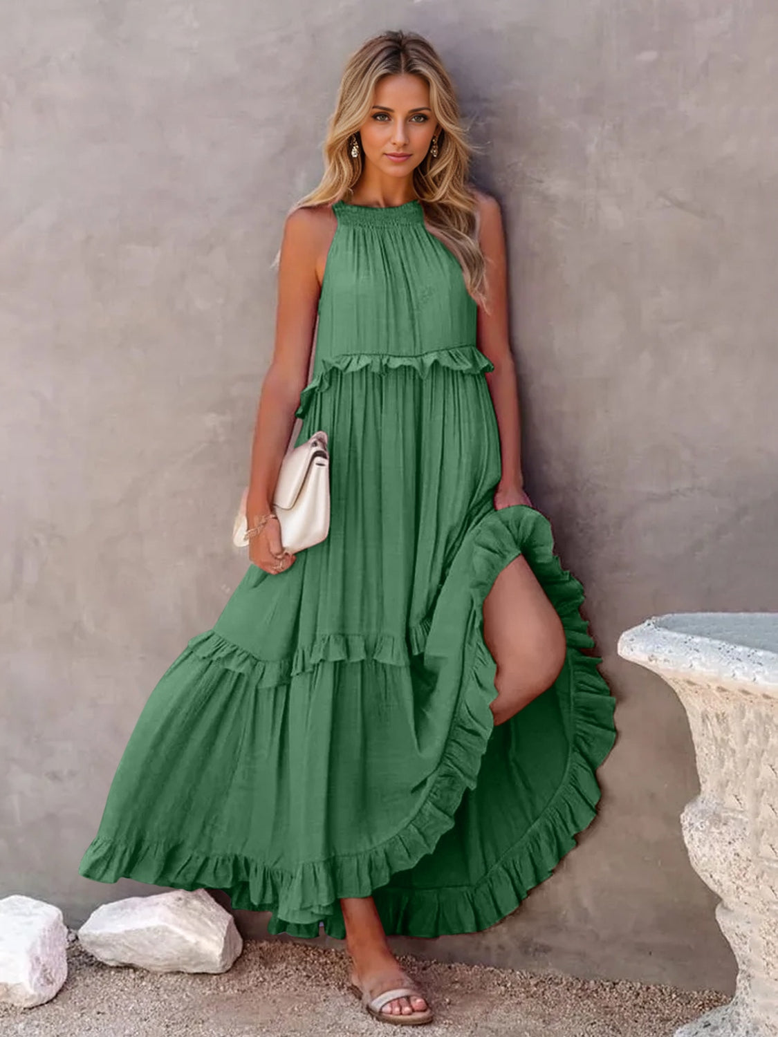 Ruffled Sleeveless Tiered Maxi Dress with Pockets - Shimmervee