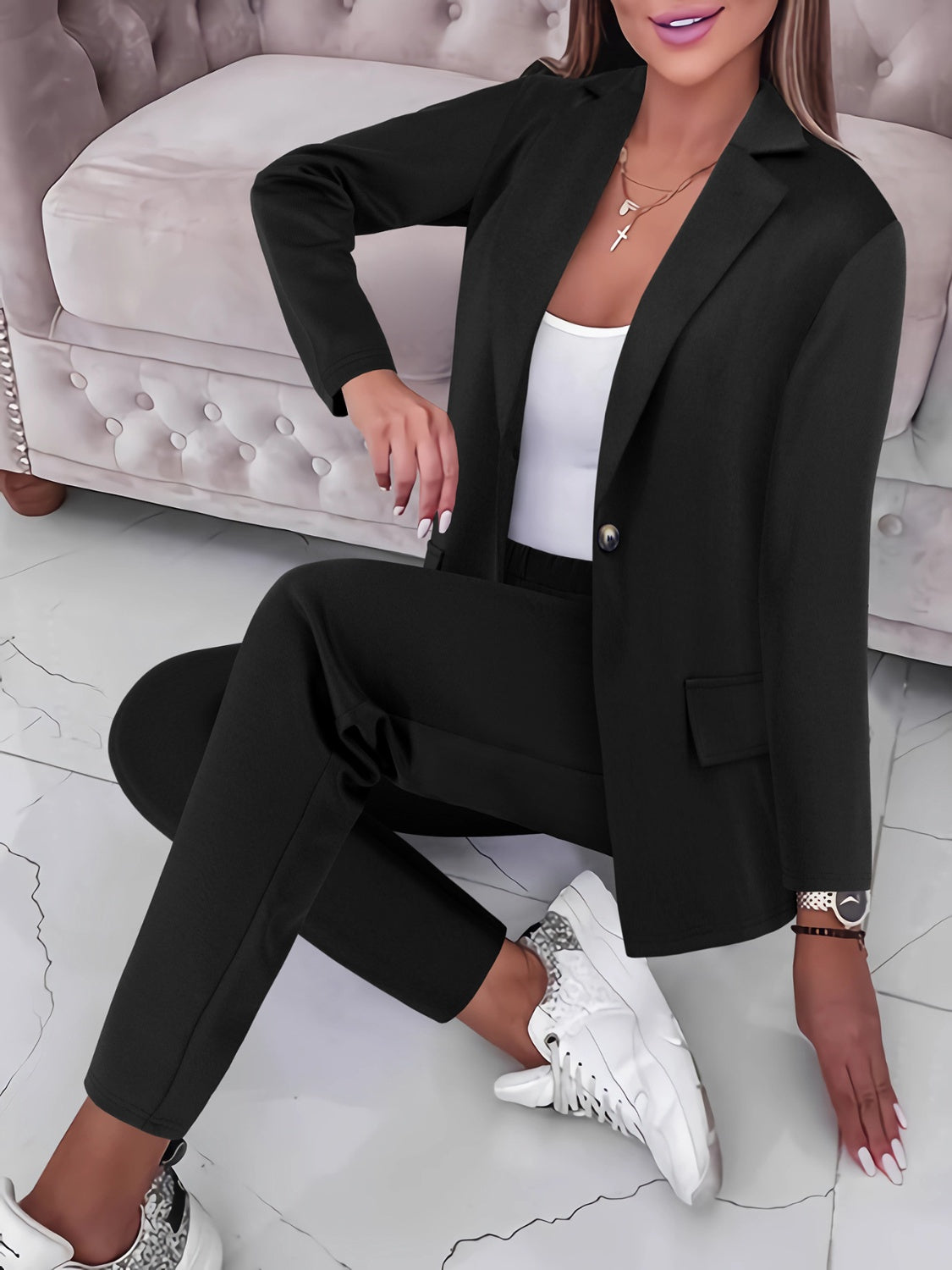 Lapel Collar Long Sleeve Top and Pants Set - Shimmervee