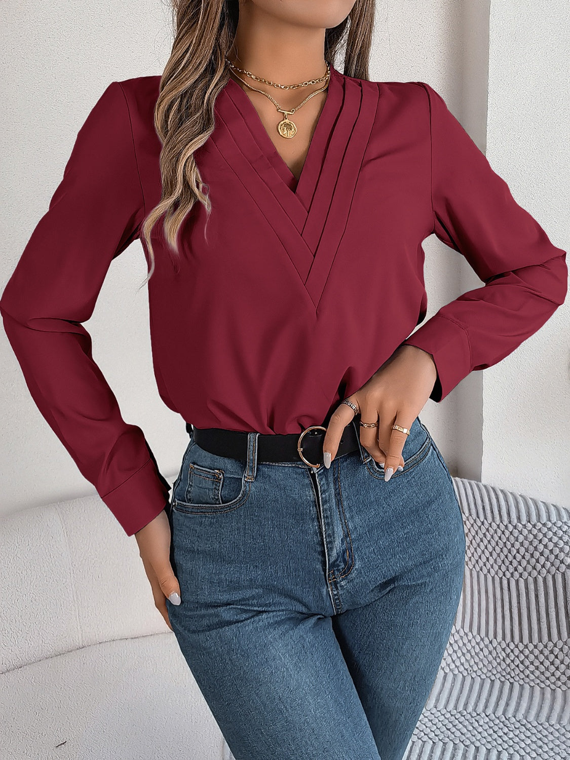 V-Neck Long Sleeve Blouse