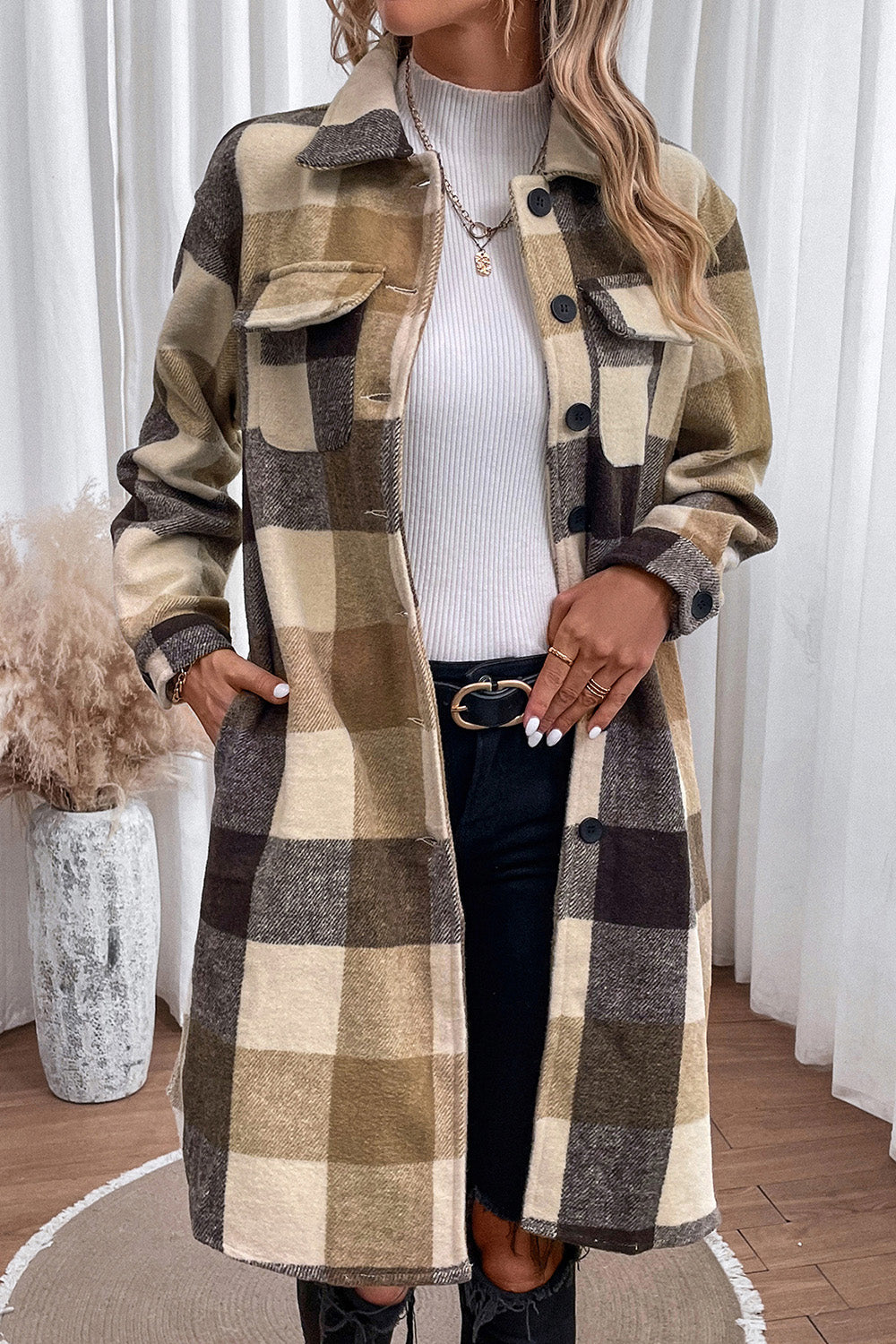 Plaid Button Down Longline Coat - Shimmervee