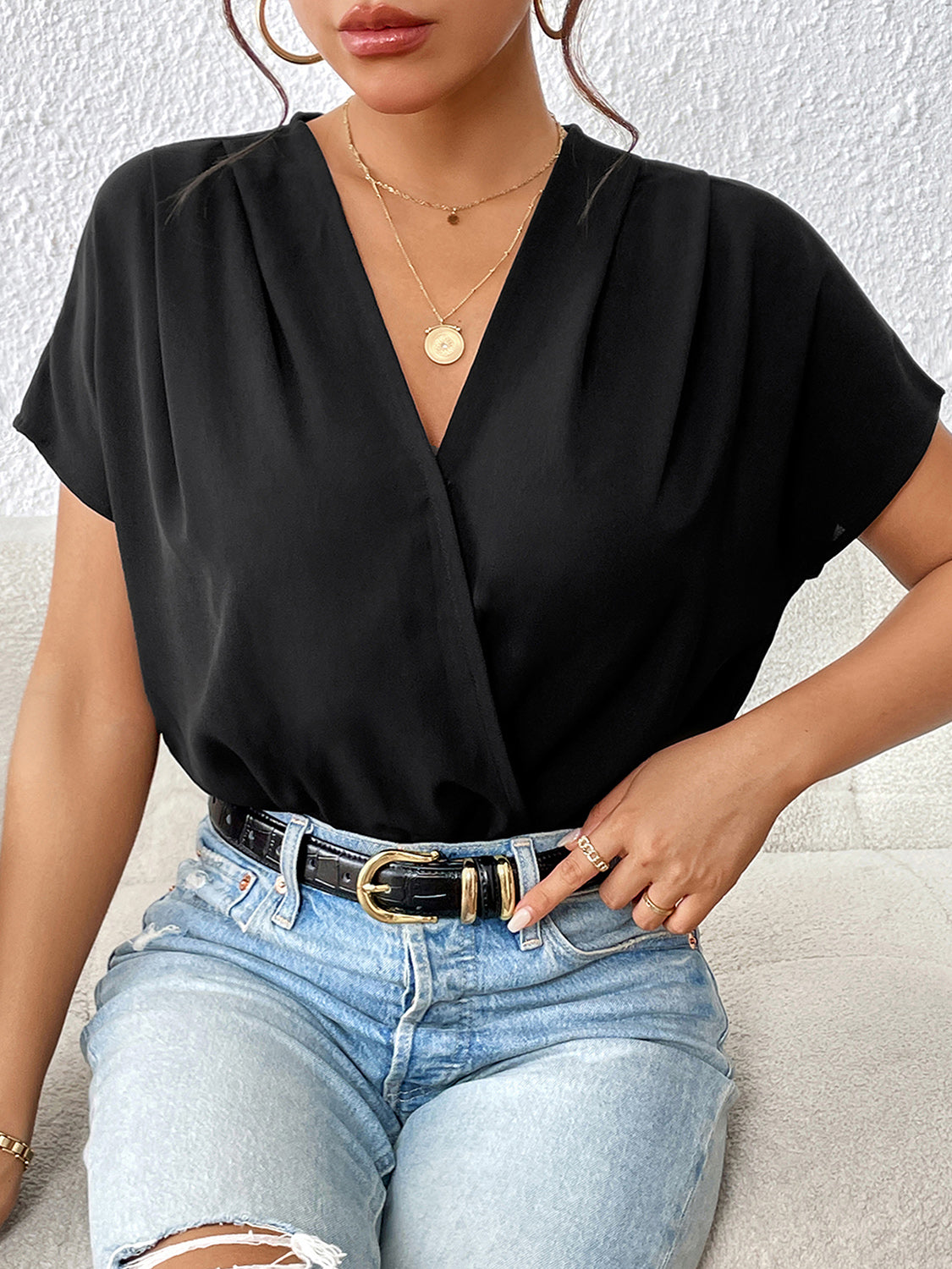 Perfee Surplice Short Sleeve Ruched Bodysuit - Shimmervee