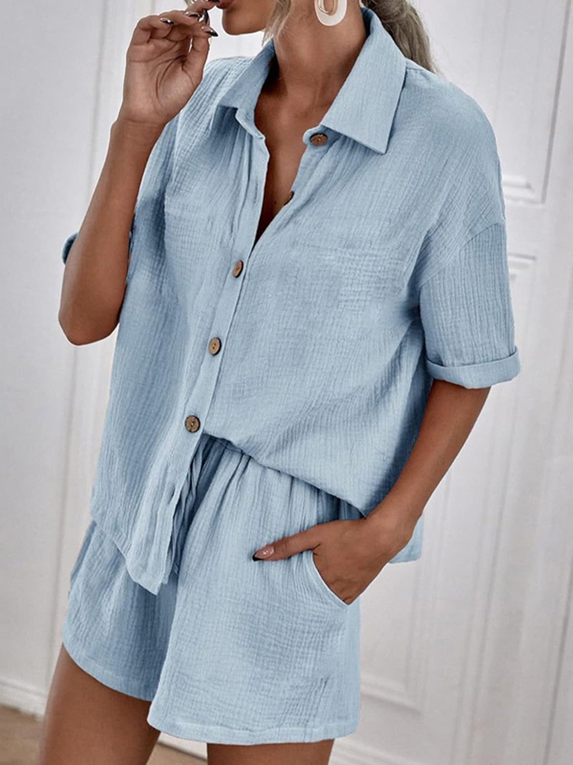 Button Up Short Sleeve Top and Shorts Set - Shimmervee