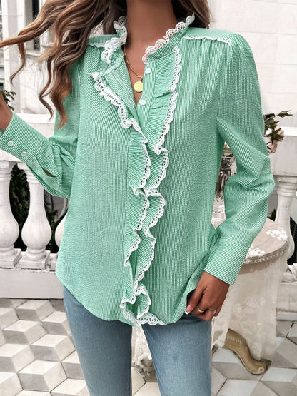 Devine Lace Detail Ruffled Round Neck Long Sleeve Shirt - Shimmervee