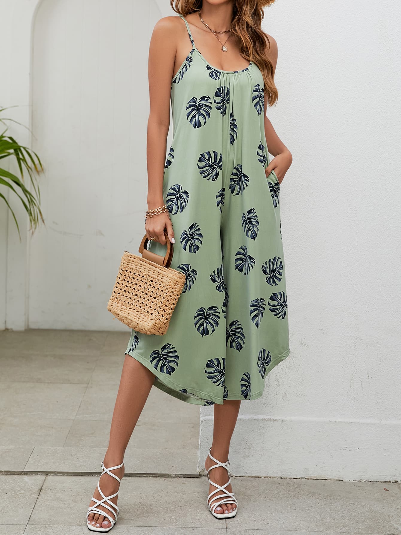 Botanical Print Spaghetti Strap Scoop Neck Jumpsuit