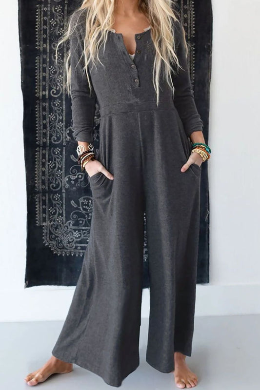 Pocketed Long Sleeve Wide Leg Jumpsuit - Shimmervee