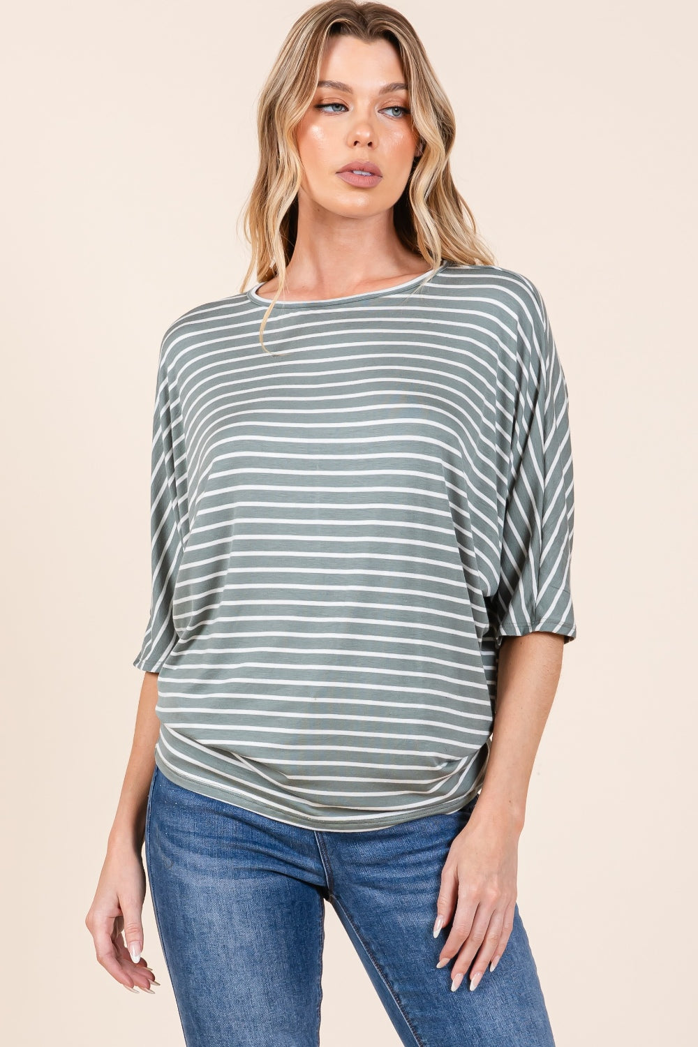 BOMBOM Striped Boat Neck Dolman Sleeve Top - Shimmervee