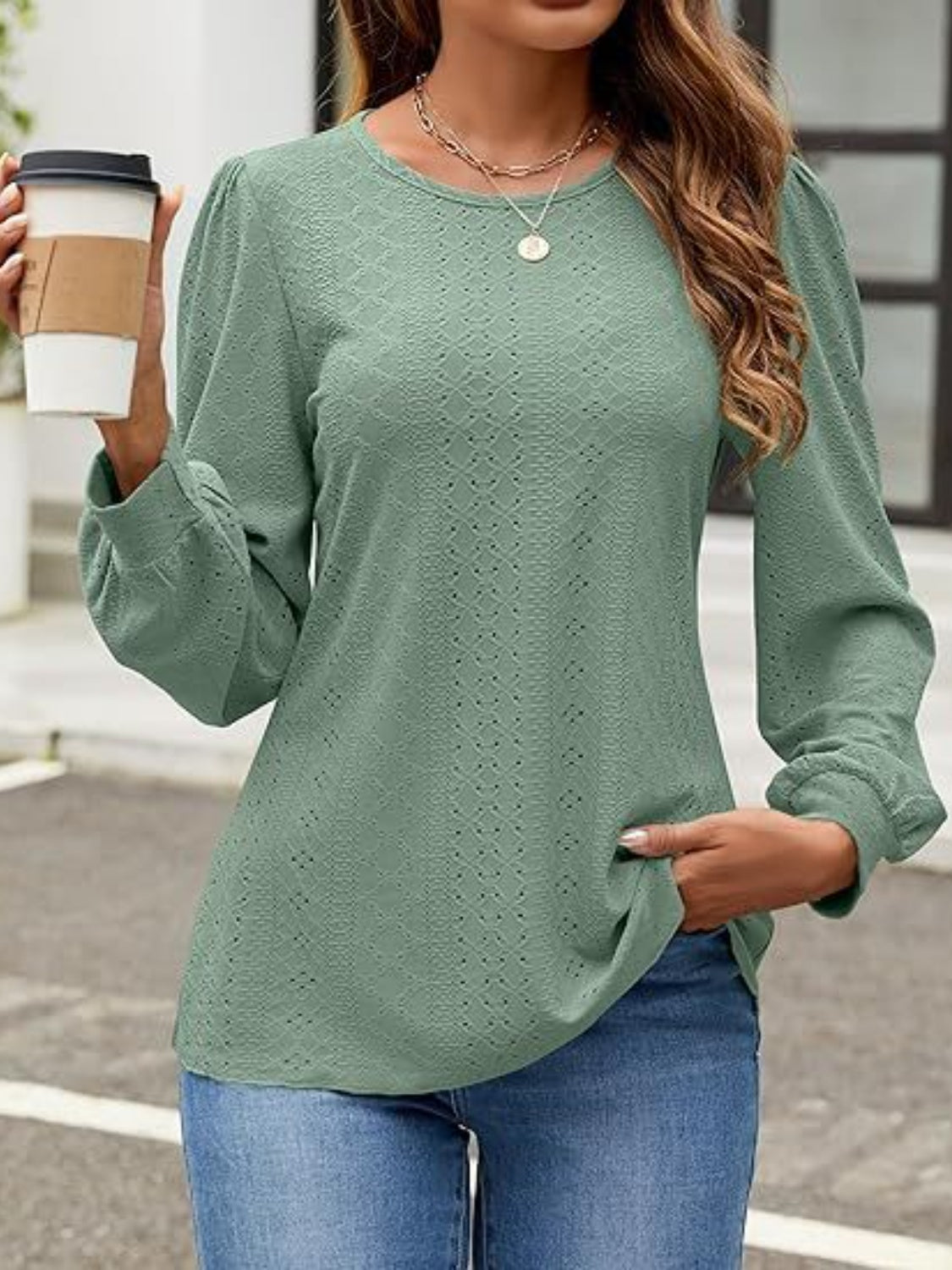 Eyelet Round Neck Long Sleeve Top - Shimmervee