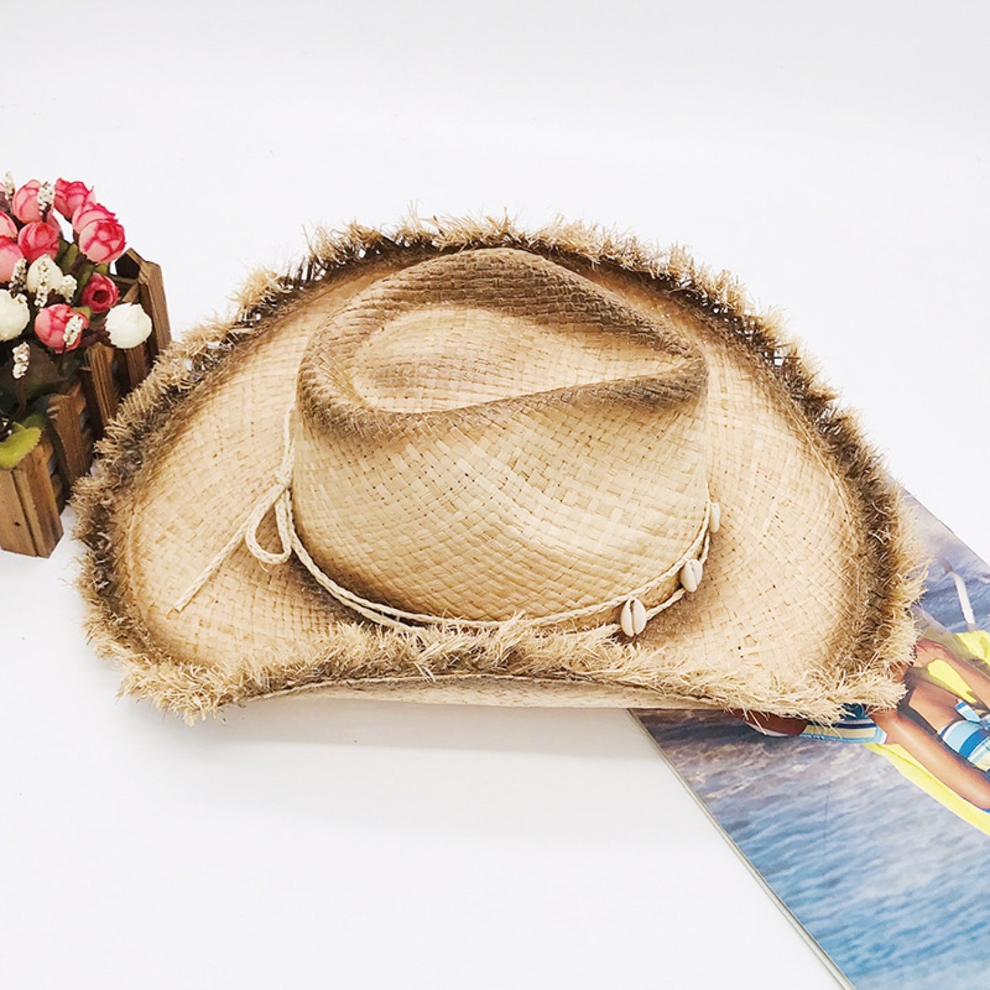 Raw Hem Wide Brim Raffia Hat