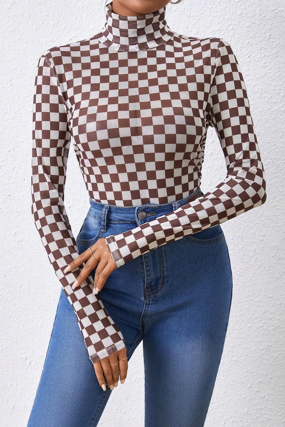 Checkered Turtleneck Long Sleeve Bodysuit - Shimmervee