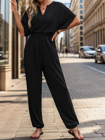 Perfee Notched Half Sleeve Straight Jumpsuit - Shimmervee