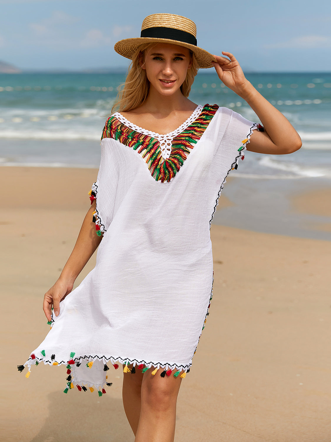 Tassel V-Neck Short Sleeve Cover Up - Shimmervee