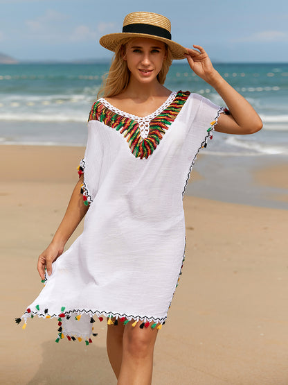 Tassel V-Neck Short Sleeve Cover Up - Shimmervee