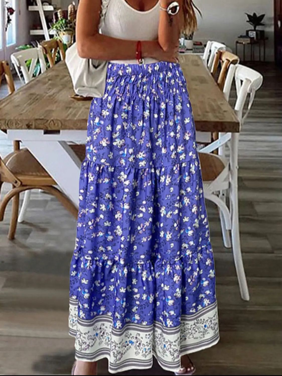 Full Size Tiered Printed Elastic Waist Skirt - Shimmervee