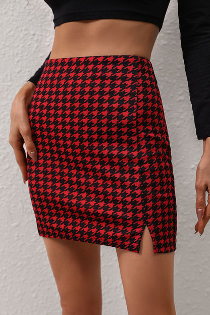 Honey Houndstooth Slit Mini Skirt - Shimmervee