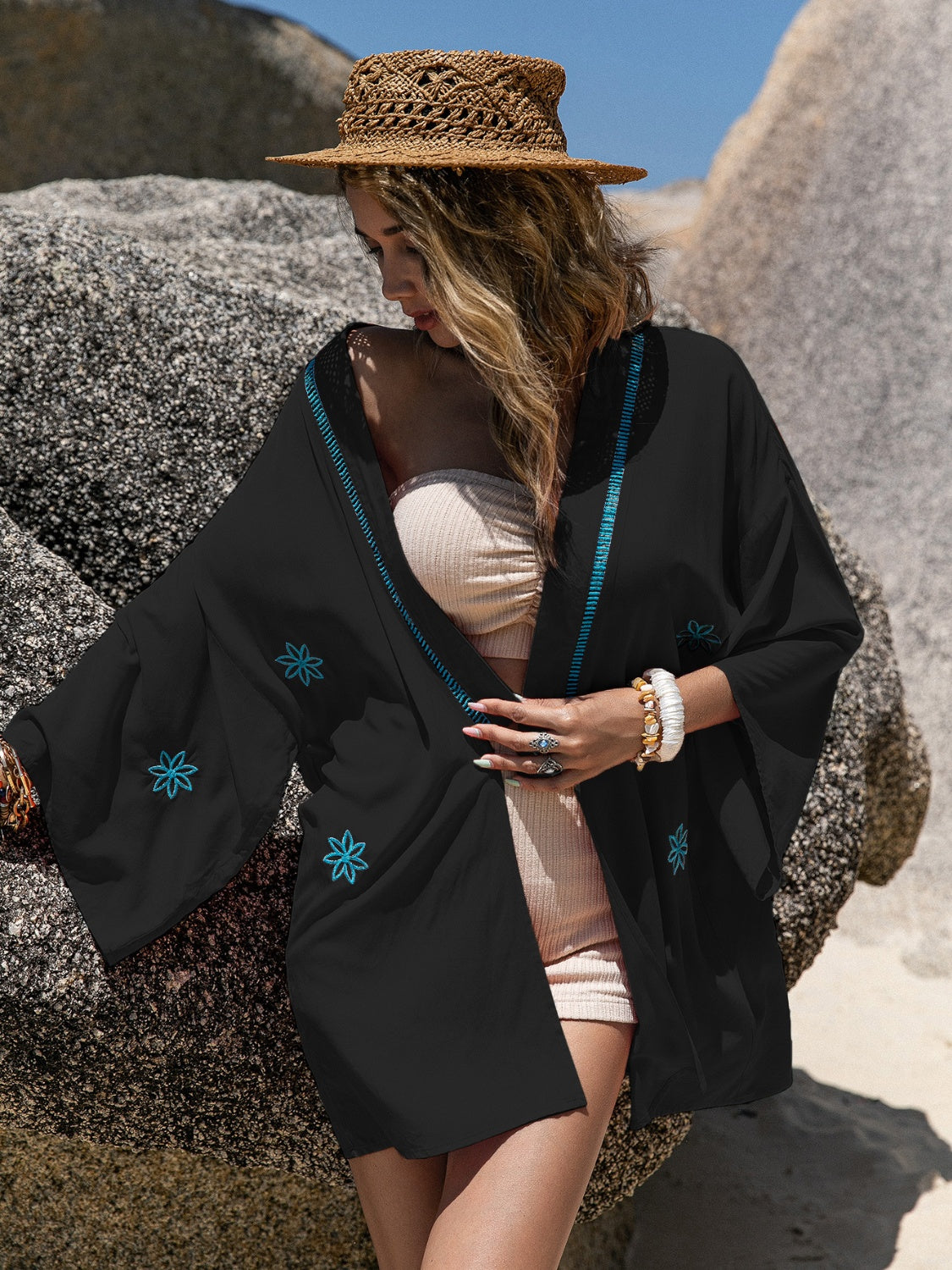 Embroidered Open Front Long Sleeve Cover Up - Shimmervee