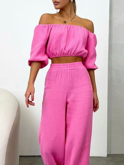 Off Shoulder Long Sleeve Top and Pants Set - Shimmervee