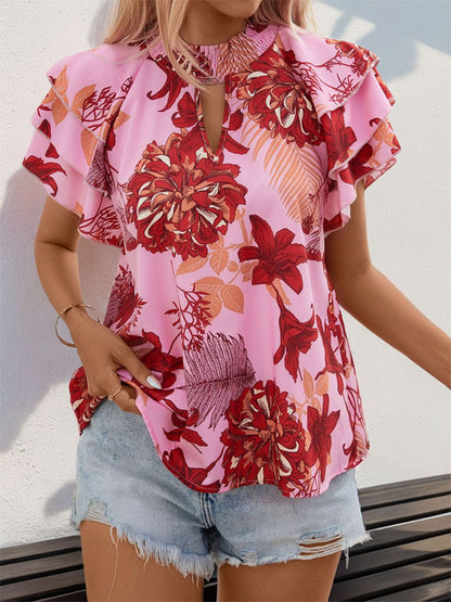 Perfee Ruffled Printed Round Neck Short Sleeve Blouse