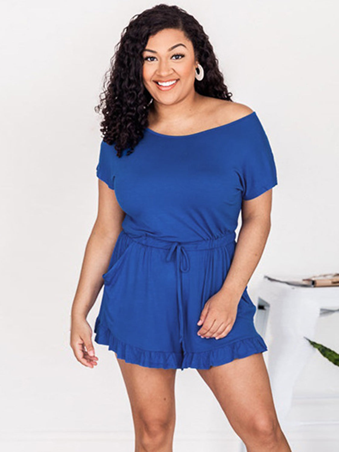 Ruffled Boat Neck Short Sleeve Romper - Shimmervee