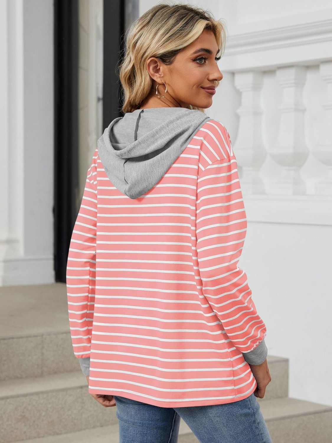 Drawstring Striped Long Sleeve Hoodie - Shimmervee