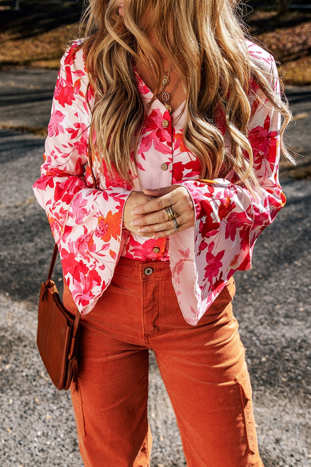 Floral Flare Sleeve Button Up V-Neck Bodysuit - Shimmervee