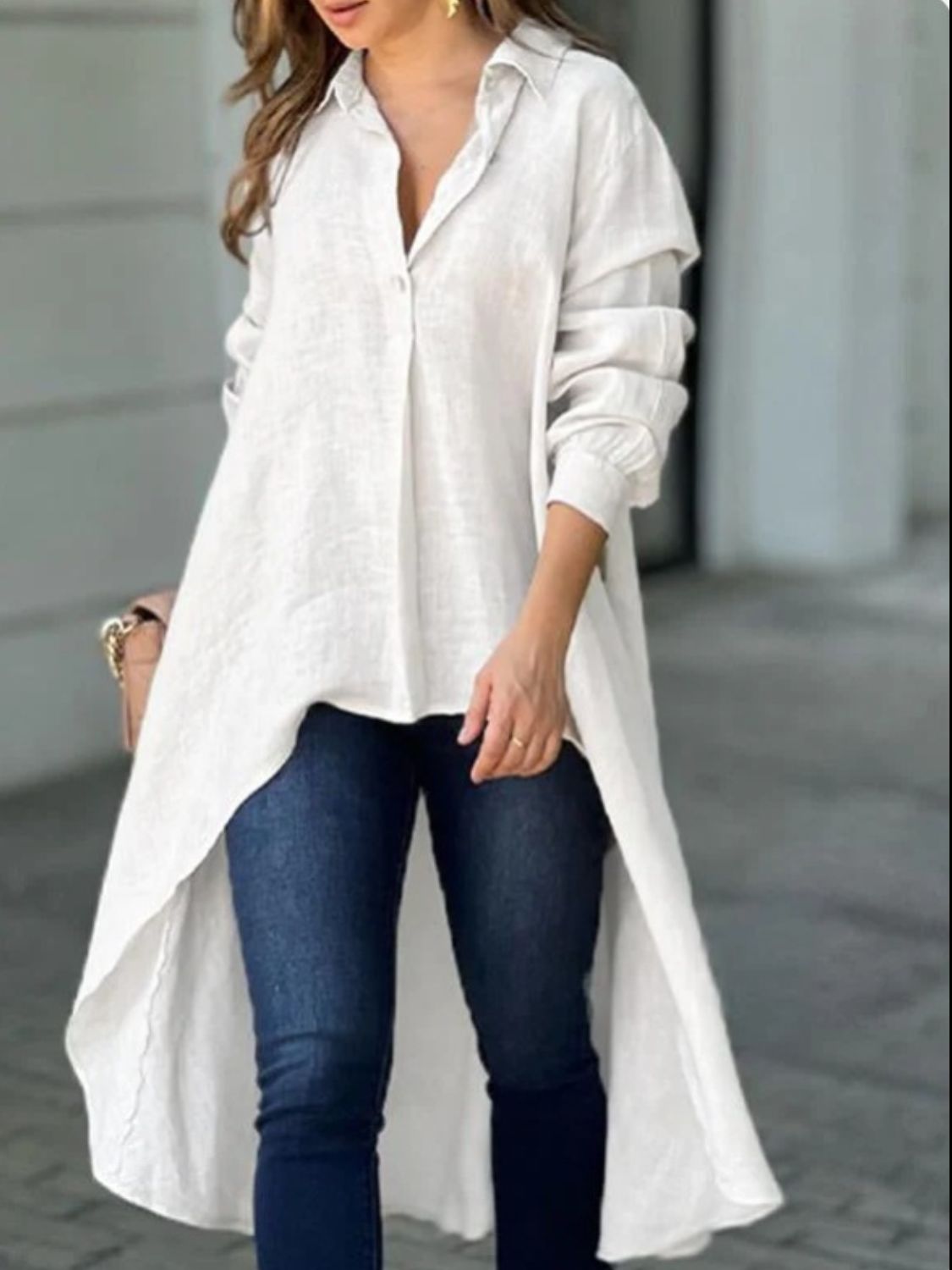 Full Size High-Low Collared Neck Long Sleeve Shirt - Shimmervee