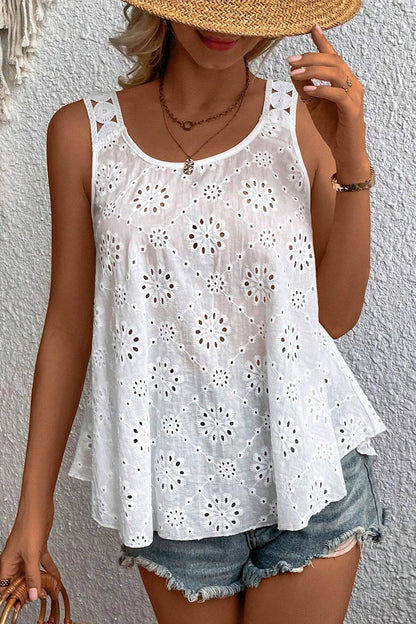 Eyelet Round Neck Wide Strap Tank