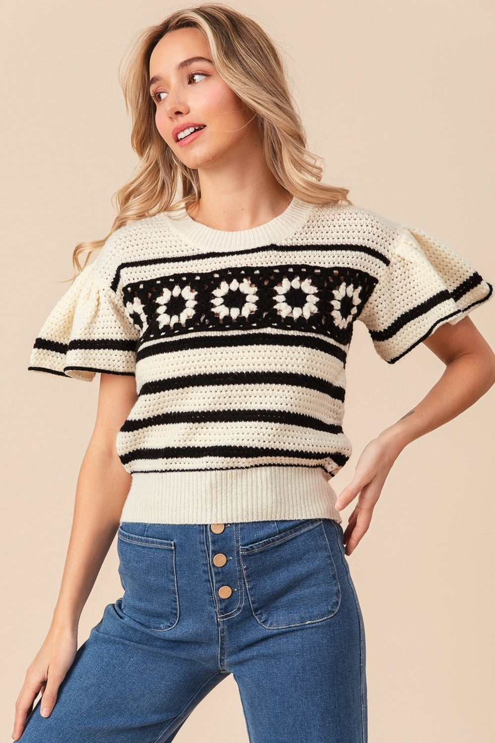 BiBi Granny Square Short Sleeve Striped Sweater - Shimmervee