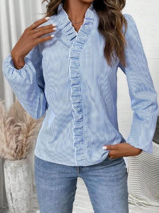 Frill Striped V-Neck Long Sleeve Blouse - Shimmervee