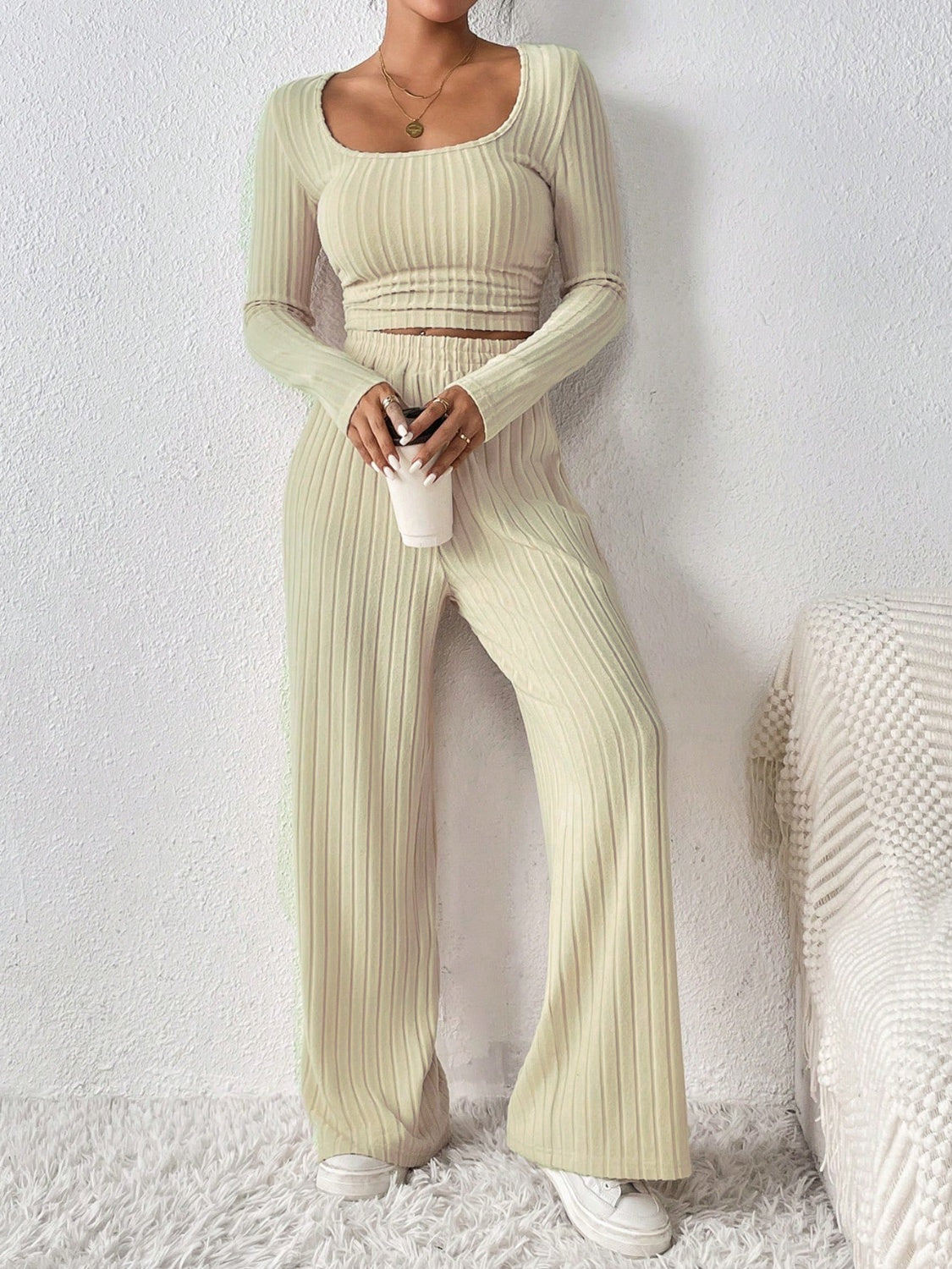 Honey Scoop Neck Long Sleeve Top and Pants Set - Shimmervee