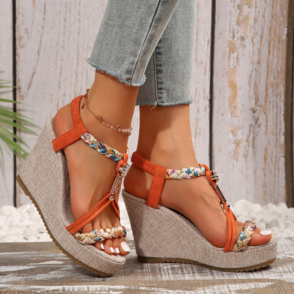 Braided Strap Wedge Sandals - Shimmervee