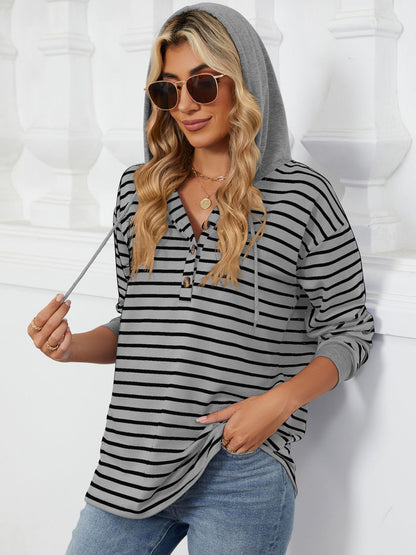 Drawstring Striped Long Sleeve Hoodie - Shimmervee